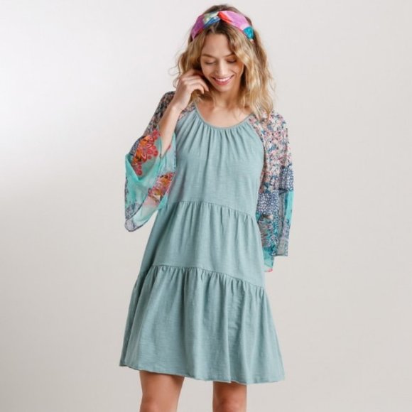 Umgee Floral Animal Mixed Print Dusty Mint Dress